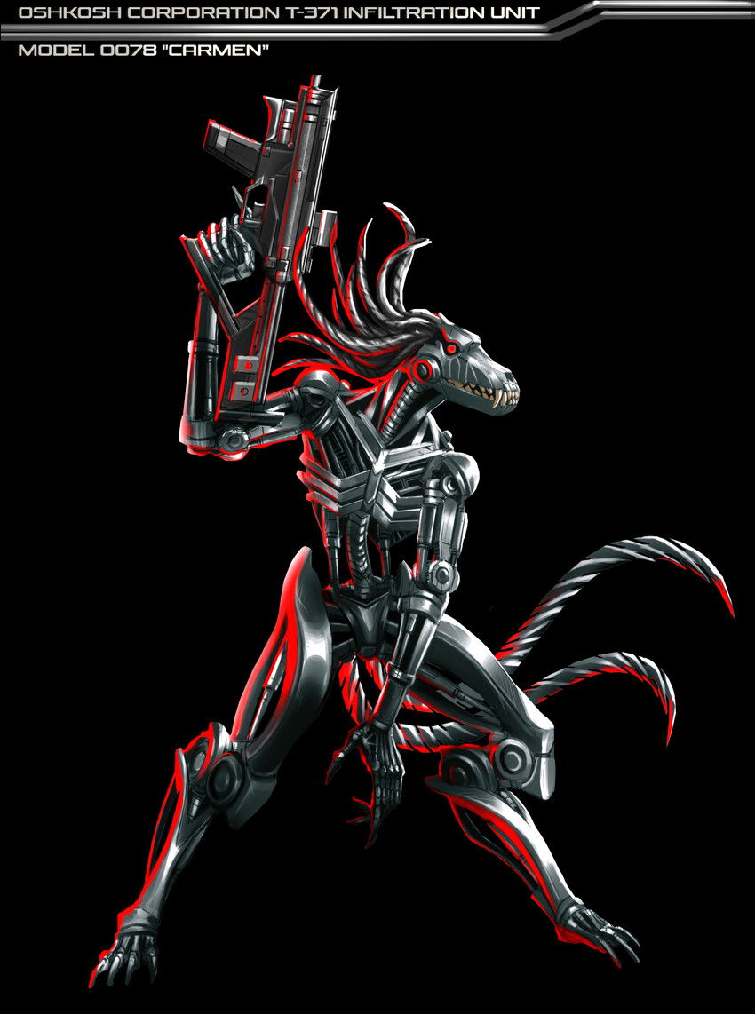 2_tails 6_fingers ambiguous_gender anthro black_background blade bone fingers gun head_tails hydraulics machine metal multi_tail ranged_weapon red_eyes ribs simple_background skull solo spine standing tail tail_blade teeth text weapon weapon_tail athavan oshkosh_corporation out_of_the_dark carmen_ghia canid canine canis mammal robot shongairi wolf absurd_res english_text hi_res