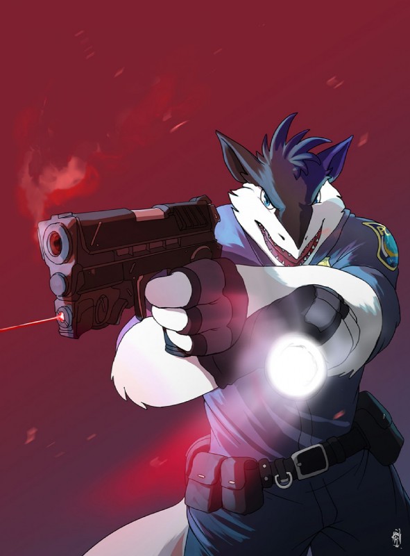 aiming anthro blue_eyes clothing flashlight fur gun handgun holding_gun holding_object holding_ranged_weapon holding_weapon lamp lantern laser light male muscular muscular_anthro muscular_male officer pistol police ranged_weapon smoke solo uniform weapon white_body white_fur merfiller discordnight sergal hi_res