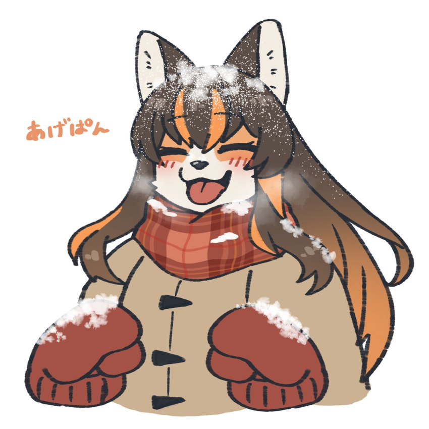 anthro black_nose blush clothing coat eyes_closed female fur hair handwear kemono mittens multicolored_body multicolored_fur multicolored_hair orange_body orange_fur orange_hair scarf simple_background snow solo text tongue tongue_out topwear white_background white_body white_fur shuyara chunithm chunithm_luminous sega sega_fave inuko_mimimi_(sega) canid canine canis domestic_dog mammal 1:1 half-length_portrait japanese_text portrait