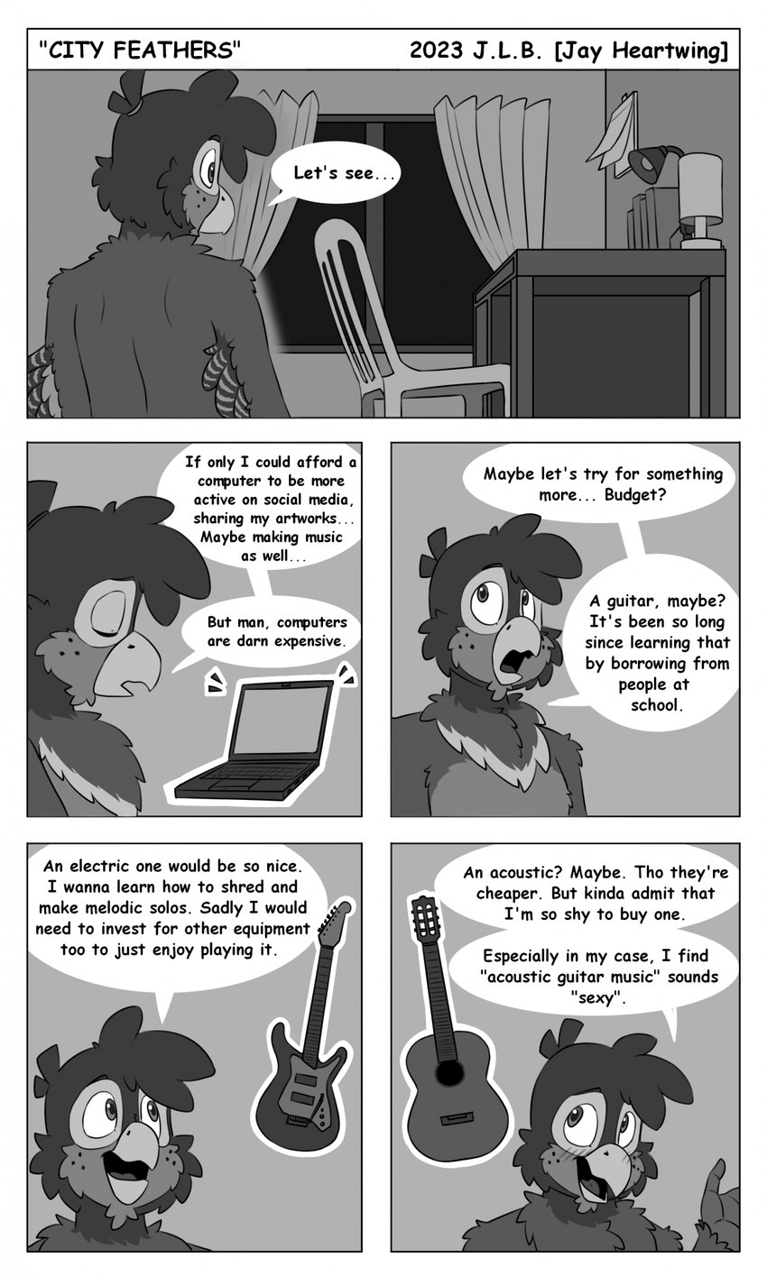 accessory acoustic_guitar anthro arm_tuft beak blush blush_lines book cheek_tuft chest_tuft chin_tuft closed_beak clothed clothing computer curtains desk dialogue electric_guitar electronics emanata eyes_closed facial_tuft furniture furniture_lamp guitar hair_accessory hair_tie head_tuft inside lamp laptop linked_speech_bubble male musical_instrument night one_eye_obstructed open_beak open_mouth outline plastic_chair plucked_string_instrument raised_hand shoulder_blades shoulder_tuft solo speech_bubble string_instrument table text tongue topless tuft window winged_arms wings wrist_tuft sammfeatblueheart city_feathers fender_musical_instruments_corporation stratocaster jay_(sammfeatblueheart) avian bird trogon trogonid 2023 absurd_res artist_name comic english_text flat_colors greyscale hi_res monochrome