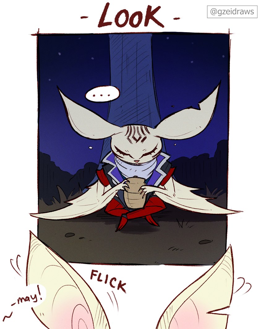 anthro clothing fur long_ears male red_eyes sitting tabard text urn white_body white_fur gzeidraws metaphor:_refantazio heismay_noctule bat eugief mammal 4:5 comic english_text hi_res