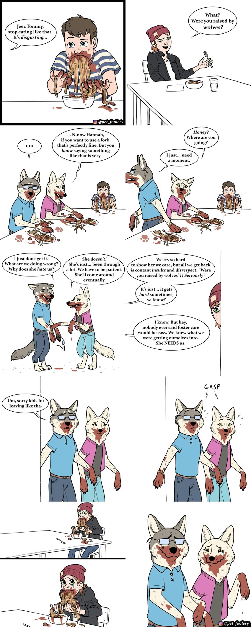 age_difference anthro eating eyewear female food glasses husband_and_wife male married_couple mature_female older_female older_male pasta spaghetti text younger_male pet_foolery canid canine canis human mammal wolf absurd_res english_text hi_res