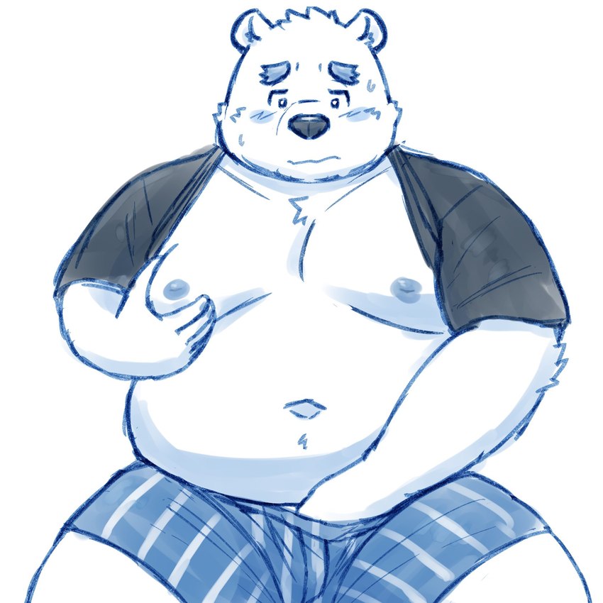 anthro belly big_belly blush bodily_fluids clothed clothing kemono male moobs navel nipples overweight overweight_male raised_clothing raised_shirt raised_topwear shirt solo sweat topwear underwear yaki_atsuage utau shirane_kan bear mammal 1:1 2023 hi_res