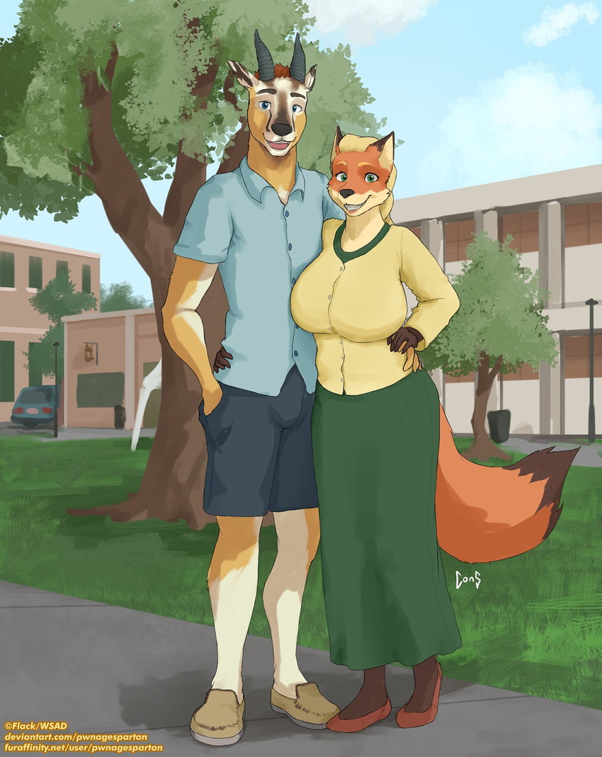 anthro big_breasts blonde_hair blue_eyes breasts brown_body brown_fur brown_hair building bulge car clothed clothing college college_student duo female footwear fur green_eyes hair hand_holding horn huge_breasts male male/female plant school shoes sidewalk tree vehicle pwnagespartan gerry_(wsad) tabitha_(wsad) antelope bovid canid canine equid equine fox gazelle mammal hi_res