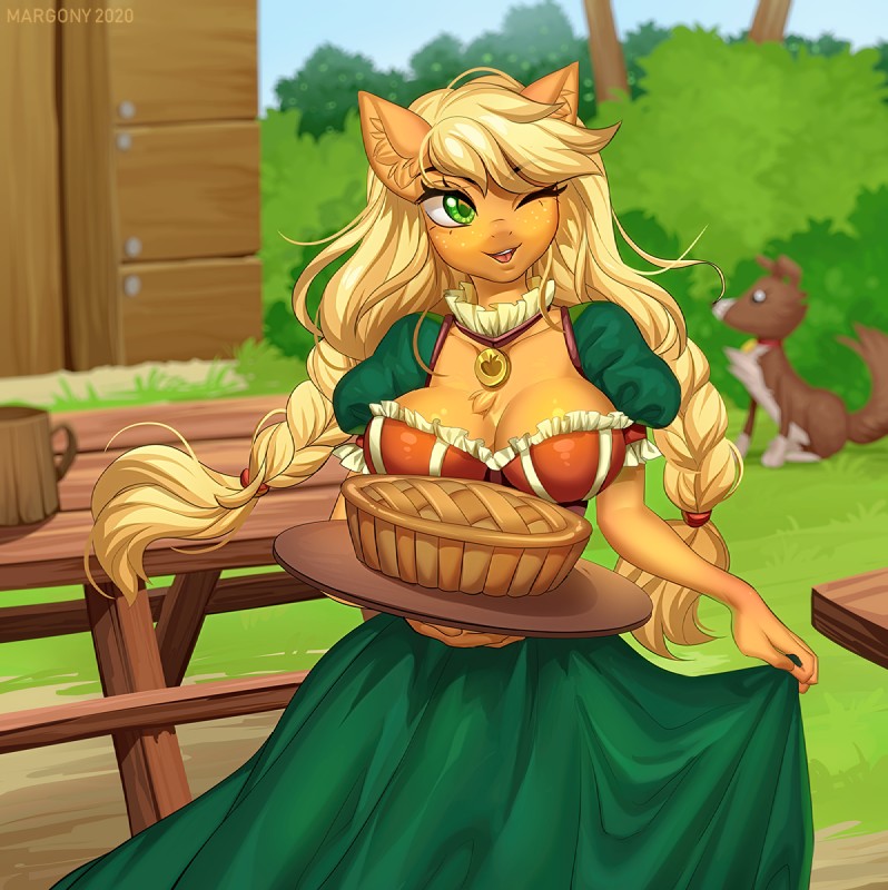 alternate_hairstyle ambiguous_gender anthro apple_pie blonde_hair braided_hair breasts cleavage clothed clothing dessert dress duo female female_focus food green_eyes hair holding_food holding_object inner_ear_fluff long_hair one_eye_closed open_mouth open_smile outside pastry pie smile solo_focus tuft wink margony friendship_is_magic hasbro my_little_pony applejack_(mlp) winona_(mlp) canid canine canis domestic_dog earth_pony equid equine horse mammal pony 2020 digital_media_(artwork) hi_res