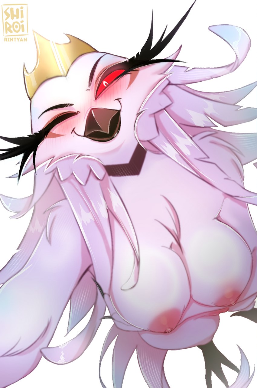 anthro blush breasts feathers female genitals high-angle_view looking_at_viewer nipples non-mammal_breasts nude one_eye_closed open_mouth pussy red_eyes selfie simple_background smile solo white_body white_feathers wink rin_tyan helluva_boss stella_(helluva_boss) avian bird demon owl hi_res