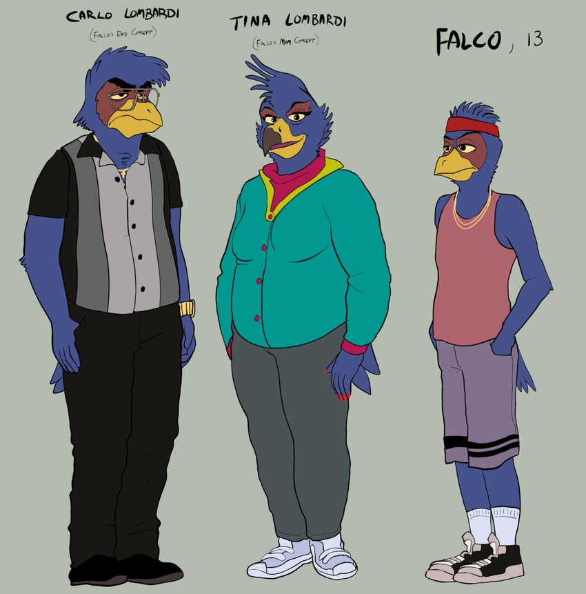 anthro beak blue_body clothed clothing colored_nails female fully_clothed group headgear headwear jewelry male nails overweight simple_background young fredryk_phox a_fox_in_space nintendo star_fox falco_lombardi avian bird hi_res father_(lore) mother_(lore) parent_(lore) son_(lore)