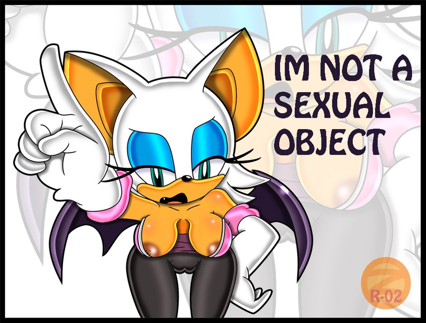 anthro areola areola_slip big_breasts breasts brown_areola brown_nipples camel_toe cleavage clothed clothing cute_fangs fangs female nipple_slip nipples solo teeth text wings zeta_r-02 sega sonic_the_hedgehog_(series) rouge_the_bat bat mammal denial_(disambiguation) 2009 english_text