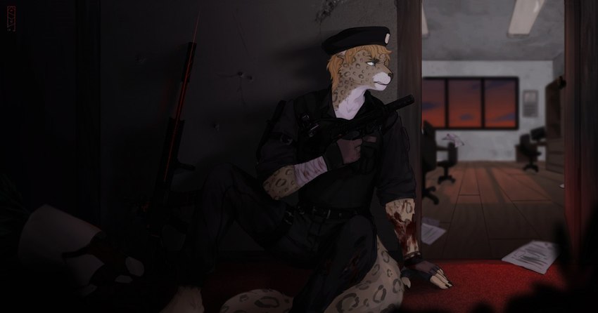 anthro assault_rifle bandage bandaged_arm blood blood_on_hand bodily_fluids bullet_hole clothing desk furniture gun handgun hat headgear headwear laser laser_sword male military_hat military_uniform office pistol ranged_weapon rifle shootout solo table tail topwear uniform vest weapon window wounded kirkir felid leopard mammal pantherine