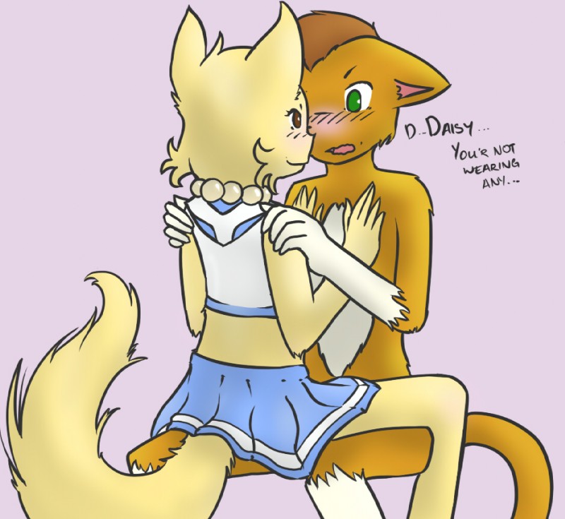 anthro blush bottomwear clothed clothing duo eye_contact female looking_at_another male male/female nude romantic romantic_couple shirt simple_background skirt smile spread_legs spreading tail topwear radial_(artist) bittersweet_candy_bowl abbey_(bcb) daisy_(bcb) domestic_cat felid feline felis mammal