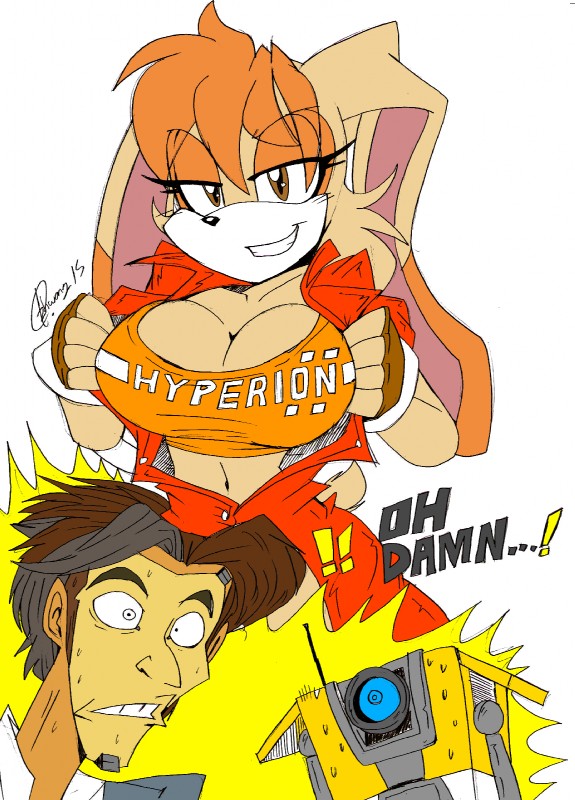 age_difference aged_up anthro big_breasts breasts cleavage clothed clothing female flashing group looking_at_viewer machine male profanity shirt smile teasing text text_on_clothing text_on_shirt text_on_topwear topwear zhengfox 2k_games borderlands sega sonic_the_hedgehog_(series) claptrap cream_the_rabbit handsome_jack human lagomorph leporid mammal rabbit robot 2015 crossover english_text hi_res