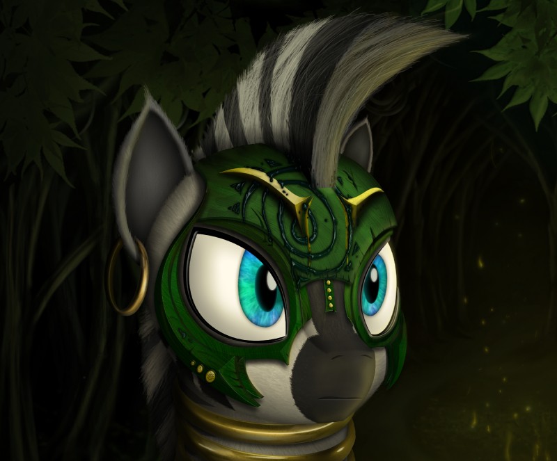 black_hair blue_eyes detailed_background ear_piercing female feral fur hair mask night outside piercing solo striped_body striped_fur stripes white_hair konsumo friendship_is_magic hasbro my_little_pony zecora_(mlp) equid equine mammal zebra detailed hi_res