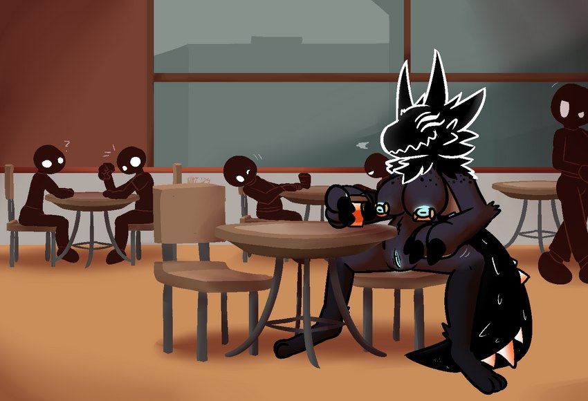 2_horns 4_fingers anthro anthro_focus big_breasts black_body black_claws black_fur black_horn black_scales black_spots blue_pussy breasts casual_nudity chair claws coffee_cup container cup detailed_background digitigrade female female_focus finger_claws fingers fur furniture genitals grey_body grey_fur horn leg_markings markings motion_lines nipple_piercing nipples on_chair outside piercing public public_nudity pussy scales sharp_teeth silhouette sitting socks_(marking) solo_focus spiked_tail spikes spikes_(anatomy) spots spotted_body spotted_fur spread_legs spreading tail teeth white_eyes ultilix vicky_(eldritchxmother) eldritch_being 2024