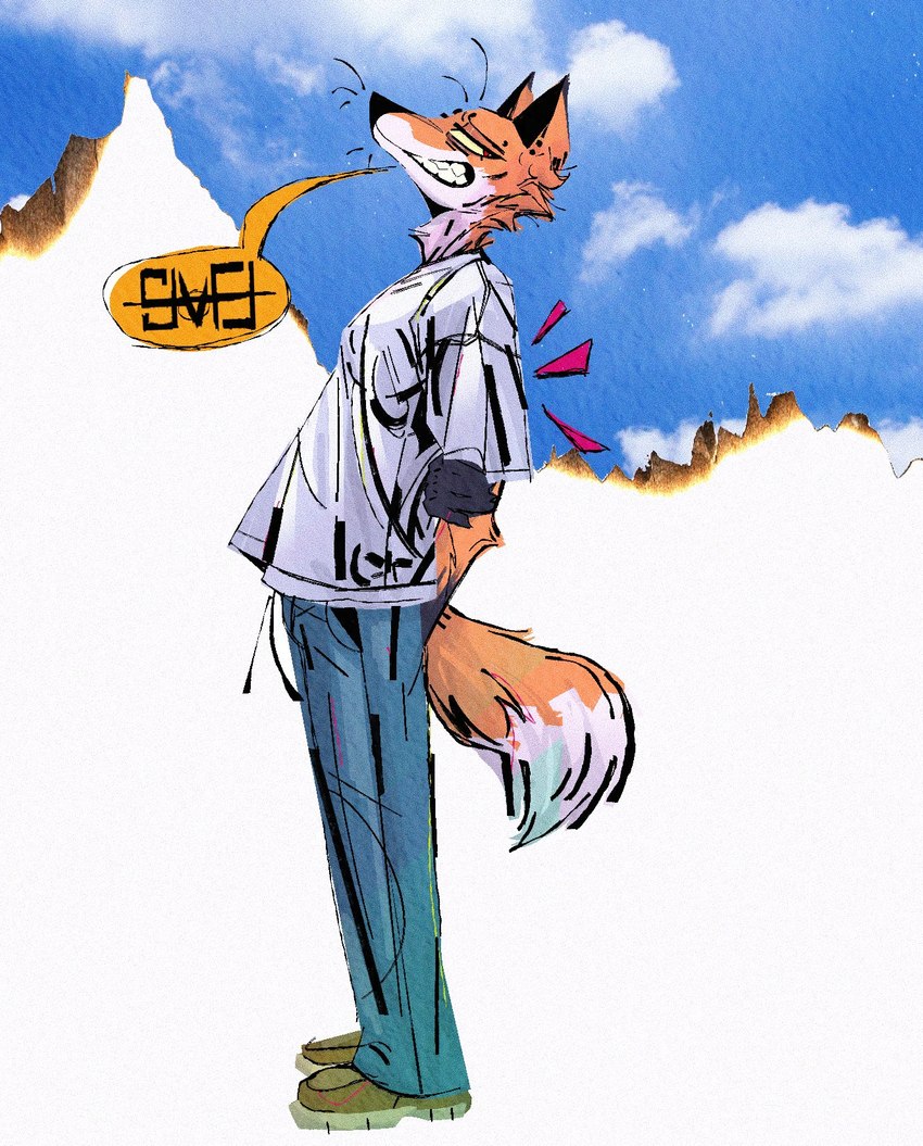 anthro biped bottomwear clothing denim denim_bottomwear denim_clothing footwear jeans male pants shirt shoes solo speech_bubble t-shirt tail topwear xexeezy canid canine fox mammal hi_res