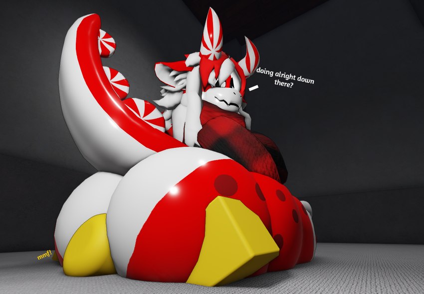 anthro azurirr34 big_butt butt dialogue facesitting female huge_butt looking_back male male/female markings red_body shadow sitting_on_another spots spotted_body text roblox bovid bovine cattle mammal 3d_(artwork) digital_media_(artwork) english_text shaded soft_shading