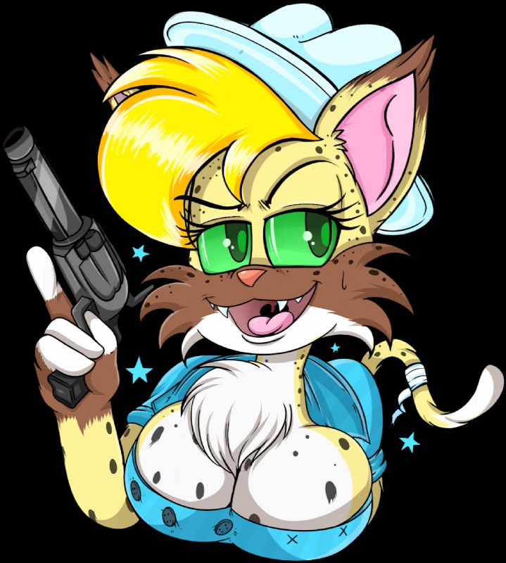 anthro big_breasts big_ears blonde_hair breasts cleavage clothed clothing cowboy_hat female fur green_eyes gun hair hat headgear headwear looking_at_viewer open_mouth ranged_weapon redneck smile solo southern weapon yellow_body yellow_fur froggywithfries dixie_mae_carlisle_(character) bobcat felid feline lynx mammal 2018 alpha_channel hi_res