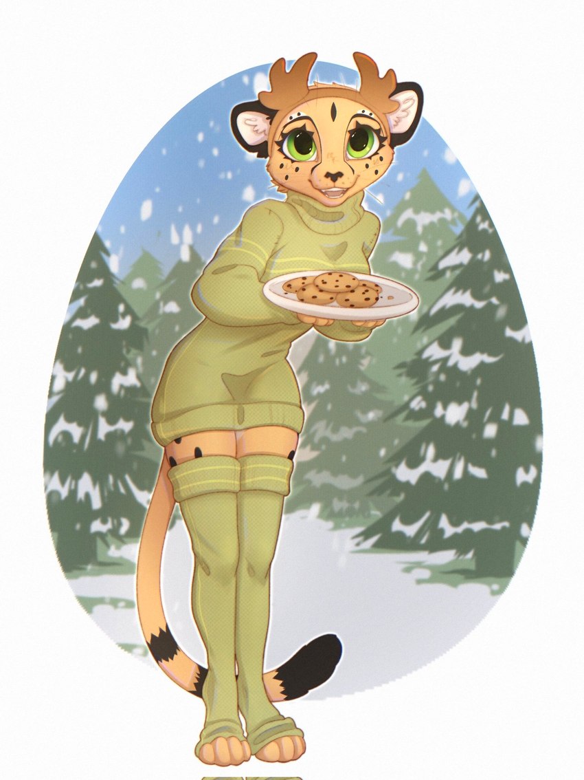 anthro black_spots breasts clothed clothing cookie female food fully_clothed fur green_eyes holding_plate inner_ear_fluff leg_warmers legwear looking_at_viewer markings open_mouth open_smile outside plant smile snow snowing solo spots spotted_body spotted_fur tree tuft yellow_body yellow_fur yshanii tabitha_(crash2draw) felid feline mammal 2023 digital_media_(artwork) hi_res