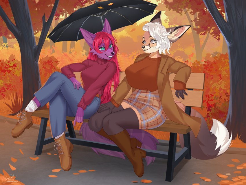 anthro autumn bench duo female female/female outside skylar_cryline smile smiling_at_another smiling_at_each_other umbrella sorafoxyteils canid canine fox mammal 2024