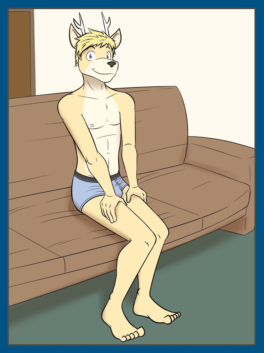 anthro antlers barefoot black_nose blonde_hair blue_border border briefs briefs_only clothed clothing feet fur furniture grey_briefs grey_clothing grey_eyes grey_underwear hair horn male nipples on_sofa sitting smile sofa solo tan_body tan_fur topless underwear underwear_only white_antlers fuze deer_frat_dude_(fuze) deer mammal 3:4 hi_res