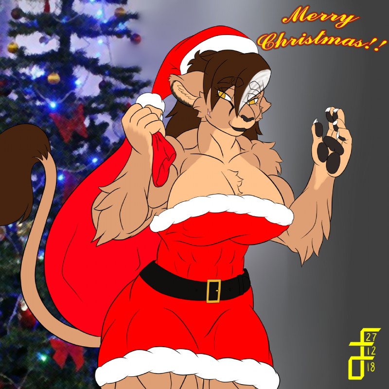 big_breasts breasts female holidays muscular muscular_female solo thick_thighs adagadeprata christmas risew felid lion mammal pantherine 1:1 hi_res