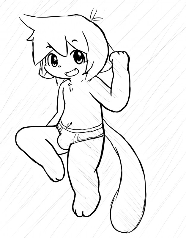 anthro briefs bulge clothing cute_fangs fangs kemono male navel open_mouth solo teeth toony underwear zaaru zaaru_(character) domestic_cat felid feline felis mammal absurd_res hi_res line_art monochrome