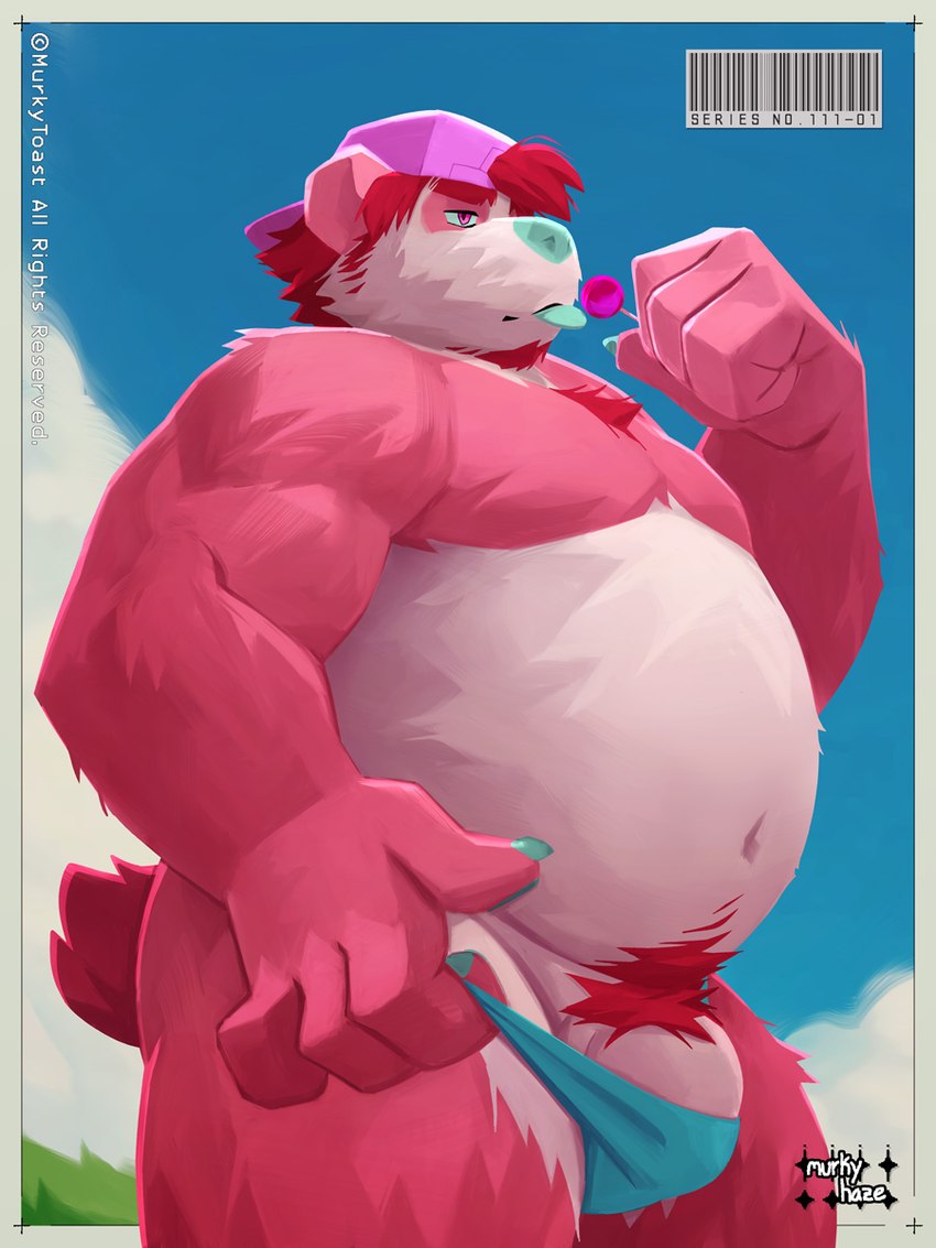 anthro belly big_belly blue_nose clothing genitals hat headgear headwear humanoid_hands male outside overweight overweight_male penis pink_body pubes solo swimwear tongue tongue_out white_body murkyhaze bear giant_panda mammal 2023 3:4 hi_res