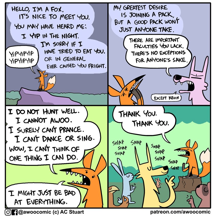 ambiguous_gender apology asking asking_another awoo base_two_layout dialogue eyebrows eyes_closed fangs feral four_frame_grid four_frame_image fur greeting grid_layout group inner_monologue interjection name_drop name_in_dialogue open_mouth orange_body orange_fur orange_tail pink_body pink_fur poem question regular_grid_layout repeated_dialogue repeated_text smile snap snapping_fingers speech_bubble tail talking_to_another teeth text thanking thinking thought_bubble two_row_layout yellow_body yellow_fur yipping ac_stuart noob_the_loser awoo_(ac_stuart) pink_wolf_(ac_stuart) canid canine canis coyote fox lagomorph leporid mammal rabbit 1:1 comic english_text url male_(lore)