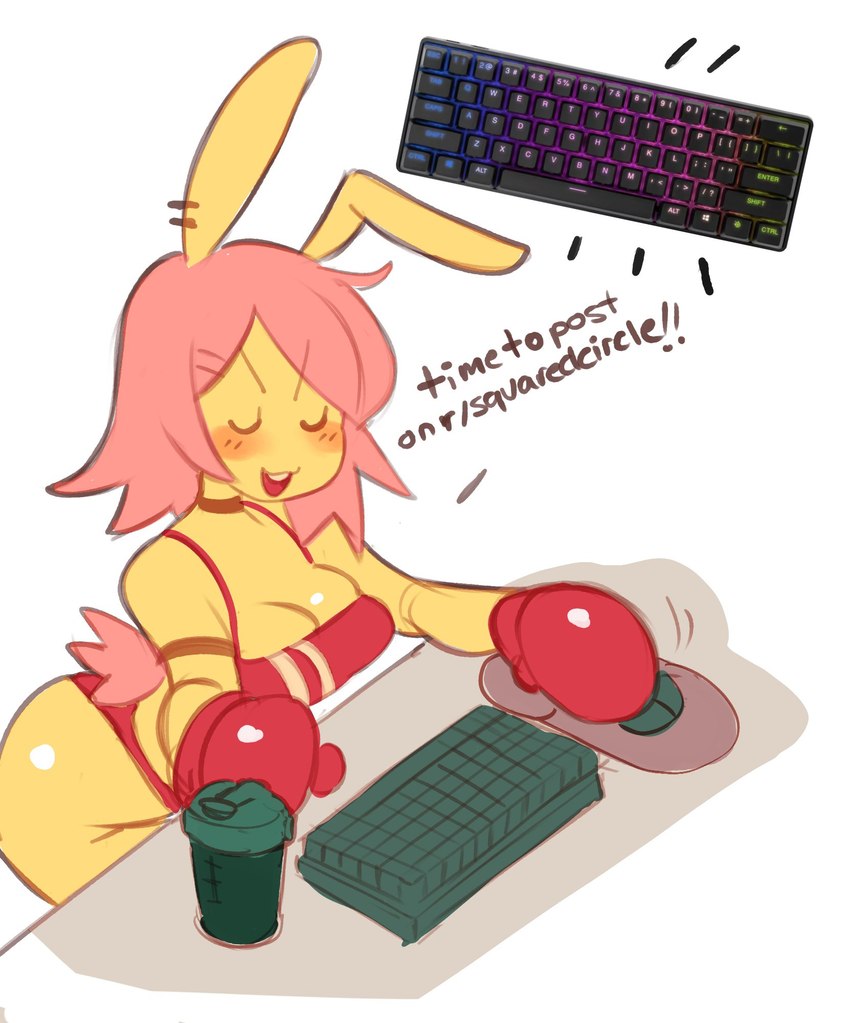 accessory bottomwear boxing_gloves breasts cleavage clothed clothing computer_keyboard computer_mouse container cup dialogue ear_piercing eyes_closed female female_humanoid glistening glistening_body gloves hair hair_accessory hairclip handwear long_ears mousepad narrowed_eyes noseless open_mouth piercing pink_hair pink_tail rabbit_ears red_bottomwear red_boxing_gloves red_clothing red_gloves red_handwear red_topwear simple_background solo tail teeth text topwear white_background yellow_body yellow_skin mochabaebae reddit tebu_(mochabaebae) animal_humanoid humanoid lagomorph lagomorph_humanoid leporid_humanoid mammal mammal_humanoid rabbit_humanoid 2023 digital_drawing_(artwork) digital_media_(artwork) english_text handwritten_text hi_res