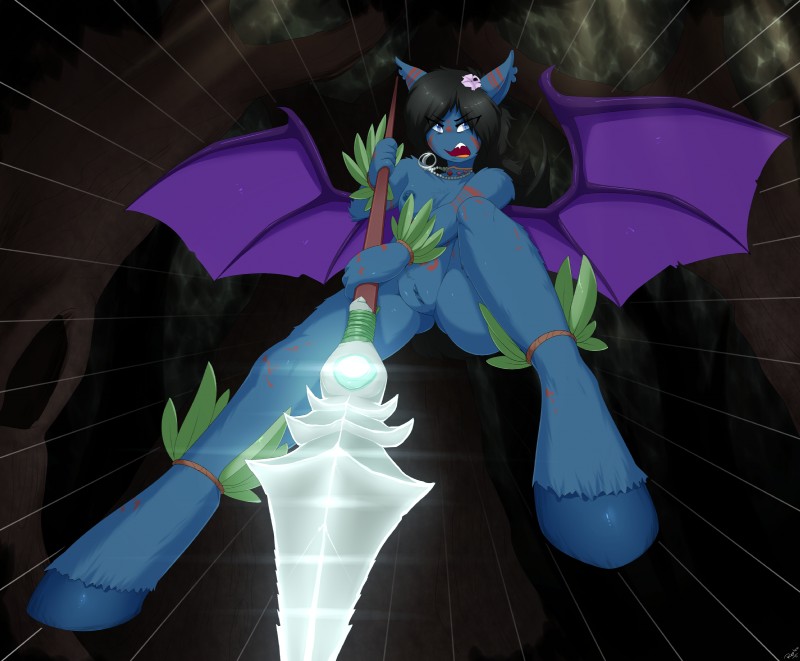 anthro areola bat_wings blue_eyes breasts female genitals jewelry melee_weapon membrane_(anatomy) membranous_wings necklace nipples nude polearm pupils pussy slit_pupils solo spear weapon wings replica_(artist) hasbro my_little_pony fan_character ipomoea_(oc) bat_pony equid equine horse mammal pony 2017 absurd_res hi_res