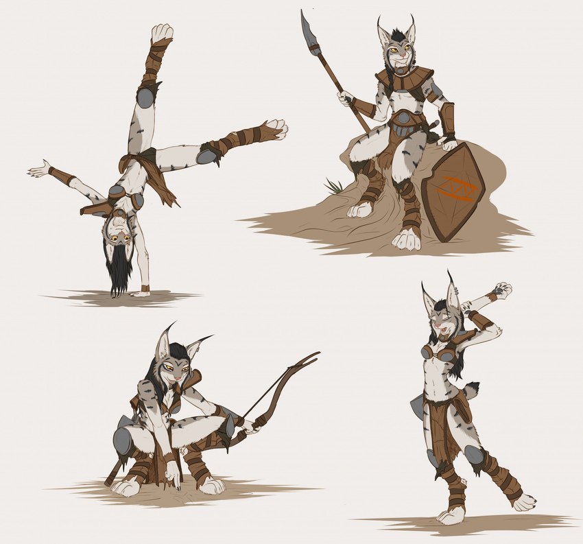 anthro axe bow_(weapon) crouching ear_piercing ear_ring female group hiros_(spectronic) male melee_weapon piercing polearm ranged_weapon ring_piercing shield sitting spear standing_on_one_hand stretching weapon spectronic mira_(spectronic) felid feline lynx mammal hi_res