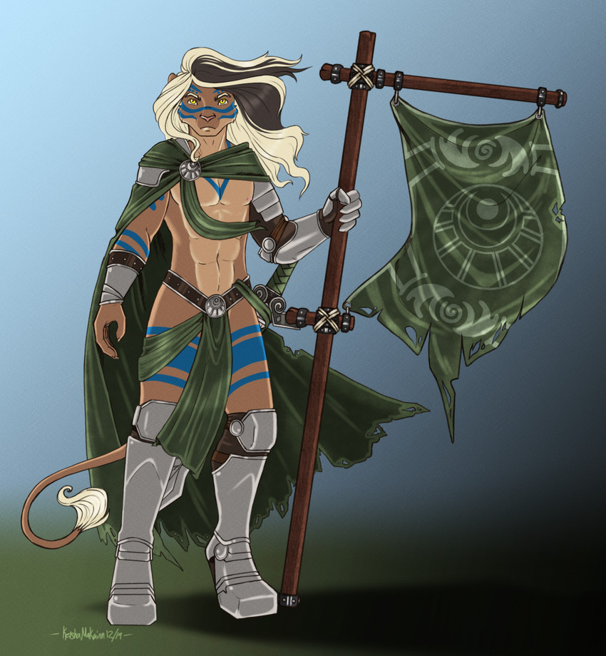 abs anthro armor banner barbarian battle_flag belly belt black_hair bodypaint bottomwear bracers brooch brown_body brown_fur brown_hair cape clothing countershade_face countershade_torso countershading dark_hair digitigrade eyebrows flowing_hair fur gradient_background greaves green_cape green_clothing hair highlights_(coloring) holding_object loincloth long_hair looking_at_viewer male melee_weapon mouth_closed navel pecs platinum_blonde platinum_blonde_hair platinum_hair pupils simple_background slit_pupils solo spaulder sword tail tail_tuft tan_belly tuft war_paint warpaint warrior weapon white_eyebrows wind_in_hair windswept_hair woad yellow_eyes keisha_makainn jaycen felid lion mammal pantherine 2019 digital_media_(artwork) full-length_portrait hi_res portrait shaded nonbinary_(lore)