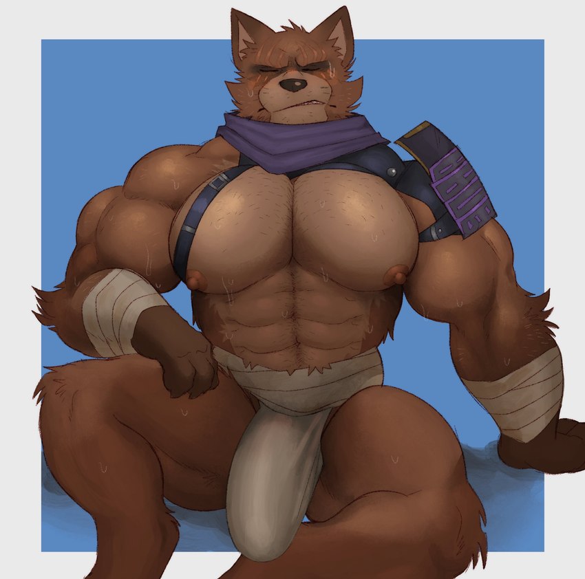 abs anthro areola arm_wraps armor barazoku biceps big_bulge big_muscles blue_background blush bodily_fluids border bulge claws clothed clothing erection erection_under_clothing eyes_closed front_view frown fur genitals huge_bulge huge_muscles kerchief long_penis male muscular muscular_anthro muscular_male neckerchief neckwear nipples pauldron pecs penis scar simple_background sitting solo spread_legs spreading straps sweat sweatdrop thick_arms thick_penis thick_thighs topless topless_anthro topless_male tuft underwear white_border wraps fleshformomo epic_games fortnite hajime_(fortnite) canid canine mammal raccoon_dog tanuki 2025 hi_res