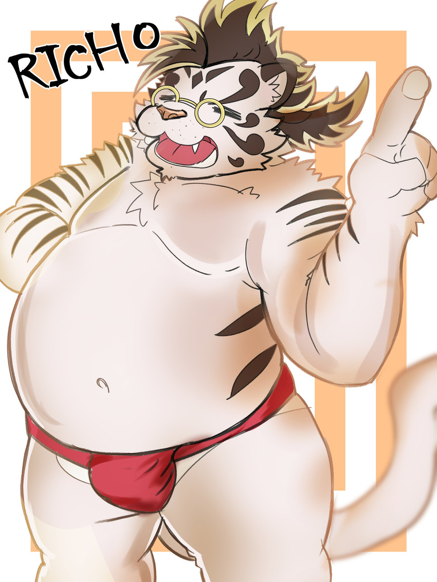 anthro asian_clothing belly clothing east_asian_clothing eyewear fundoshi fur glasses humanoid_hands japanese_clothing kemono male navel overweight overweight_anthro overweight_male solo teeth text underwear white_body white_fur martuguma lifewonders tokyo_afterschool_summoners licho_(tas) felid mammal pantherine tiger 2021 3:4 absurd_res hi_res