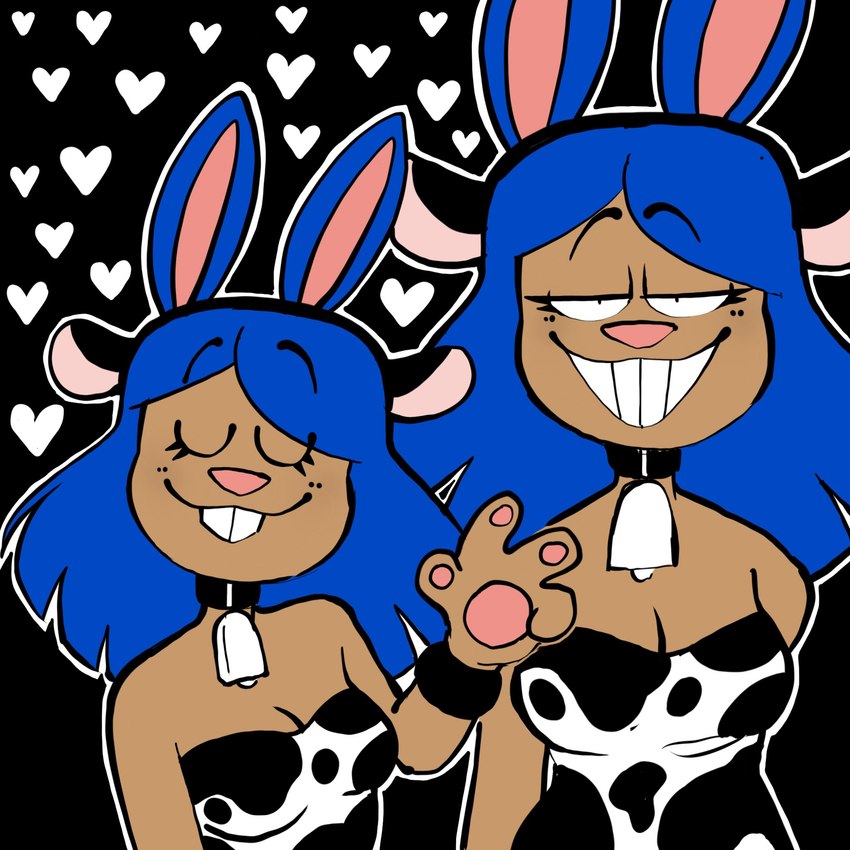 anthro biped black_background blue_hair clothing cow_costume cowbell dress female hair heart_symbol long_hair simple_background smile smiling_at_viewer solo suggestive_look creator_ant diana_darling_(creator_ant) lagomorph leporid mammal rabbit 1:1 2022 hi_res