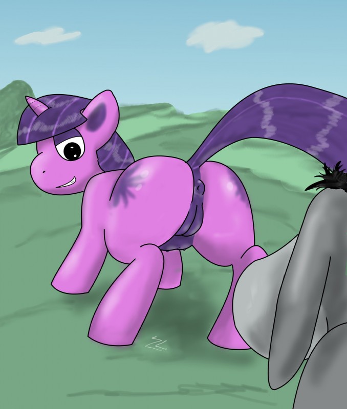 anus butt cutie_mark duo female feral fur genitals hair horn looking_at_viewer male multicolored_hair nipples presenting presenting_hindquarters purple_body purple_fur purple_hair pussy quadruped smile solo_focus tail teats two_tone_hair wide_hips zeklullaby disney friendship_is_magic hasbro mad_(series) my_little_pony mythology winnie_the_pooh_(franchise) eeyore twilight_sparkle_(mlp) asinus donkey equid equine mammal mythological_creature mythological_equine unicorn 2012 absurd_res crossover digital_media_(artwork) hi_res