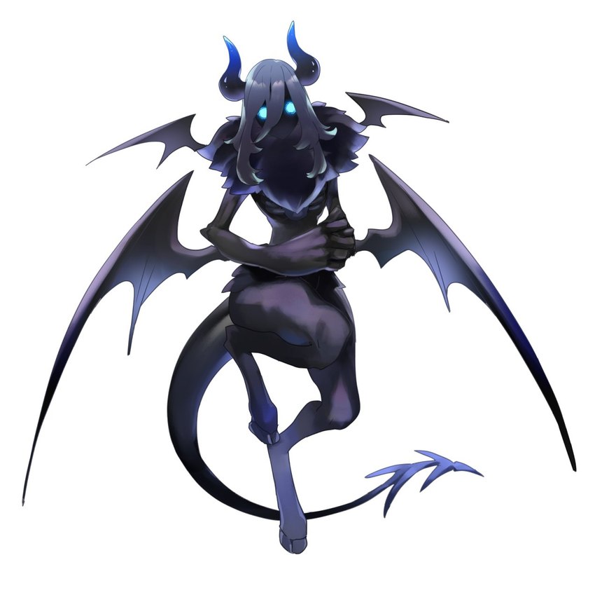 4_wings ambiguous_gender anthro blue_eyes blue_horn glowing glowing_eyes goat_legs horn mouthless multi_wing solo wings tensui_(artist) demon humanoid hi_res