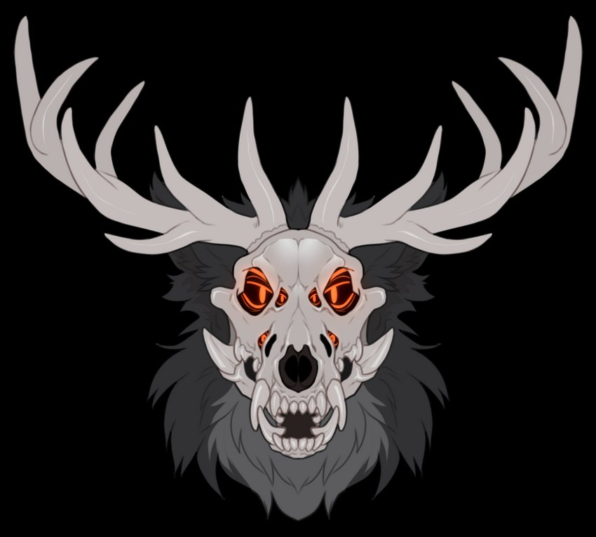 anthro antlers black_body black_fur bone female fluffy fur grey_body grey_fur horn looking_at_viewer multi_eye orange_eyes simple_background skull skull_head solo teeth rayliicious american_mythology indigenous_north_american_mythology mythology north_american_mythology hissukka canid canine mammal monster wendigo alpha_channel digital_media_(artwork) headshot_portrait portrait