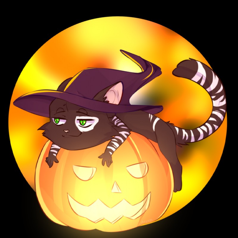 ambiguous_gender anthro clothing food fruit green_eyes hat headgear headwear holidays jack-o'-lantern plant pumpkin solo stripes witch_hat arztin halloween diego_montano_(djcjx) domestic_cat felid feline felis mammal 1:1 alpha_channel digital_media_(artwork) shaded