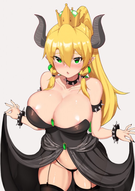 alternate_species areola big_breasts blush breasts cleavage clothed clothing clothing_lift collar cosplay crossgender crossover_cosplay crown dress dress_lift female headgear horn mtf_crossgender not_furry panties solo spiked_collar spikes super_crown underwear tigersaber bowsette_meme mario_bros nintendo sword_art_online bowser suguha_kirigaya horned_humanoid humanoid absurd_res crossover hi_res meme