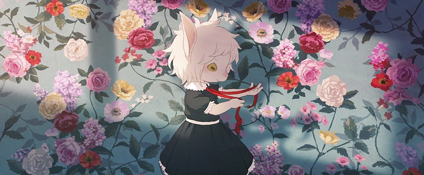 anthro black_clothing black_dress clothing dress female flower fur horizontal_pupils plant pupils red_ribbon shadow solo wallpaper_(decoration) white_body white_fur yellow_eyes young young_anthro young_female nishiko24 yagi_(nishiko24) bovid caprine goat mammal