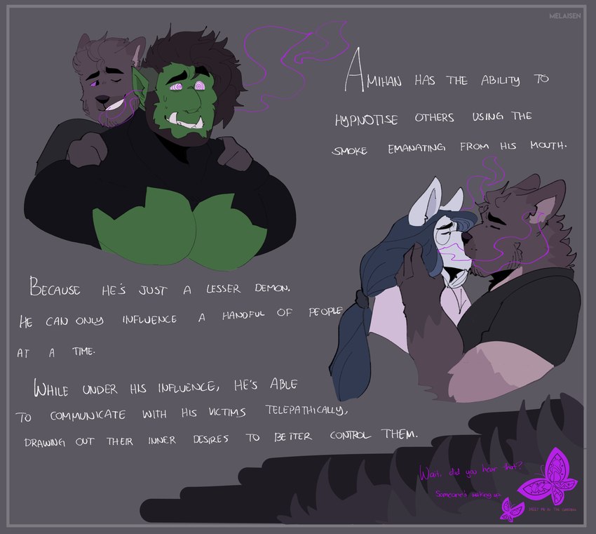 anthro anthro_on_anthro barazoku beard black_clothing black_eyebrows black_nose black_shirt black_suit black_t-shirt black_topwear blue_hair brown_beard brown_body brown_ears brown_facial_hair brown_fur brown_hair clothed clothed_humanoid clothed_male clothing eyebrows facial_hair fur green_body green_skin grin group hair hand_on_another's_shoulder hand_on_shoulder humanoid_pointy_ears hypnosis information kissing male male/male male_humanoid mind_control one_eye_closed pecs pink_clothing pink_shirt pink_topwear pointy_ears purple_smoke purple_text shirt smile smoke spiral_eyes suit t-shirt tan_body tan_fur tan_inner_ear teeth text topwear trio tusks white_body white_fur white_text wink melaisen amihan_(melaisen) arthropod butterfly canid canine canis demon domestic_dog humanoid insect lepidopteran mammal orc 2022 absurd_res artist_name bust_portrait digital_drawing_(artwork) digital_media_(artwork) hi_res portrait