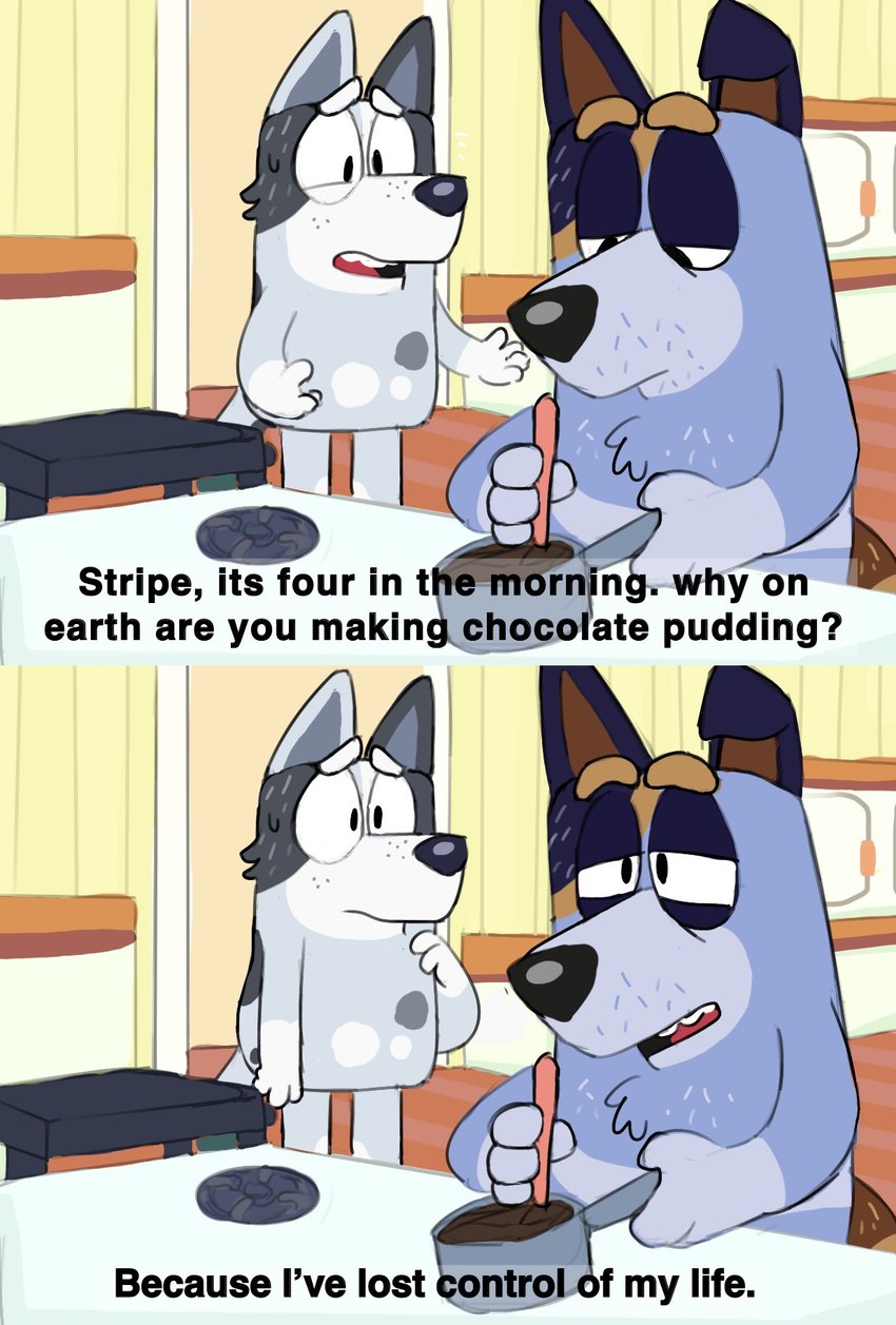 anthro black_eyes black_nose blue_body blue_ears blue_fur brown_tail canon_couple cooking dessert dialogue duo female food fur grey_body grey_ears grey_fur grey_tail half-closed_eyes hand_on_chin hand_on_own_chin holding_object husband husband_and_wife inside kitchen looking_at_another male married_couple mismatched_ears multicolored_body multicolored_fur narrowed_eyes pudding standing tail teeth text tired tongue two_tone_body two_tone_fur two_tone_tail wife worried shaibey bluey_(series) nickelodeon rugrats stripe_heeler trixie_heeler australian_cattle_dog canid canine canis cattledog domestic_dog herding_dog mammal pastoral_dog 2023 digital_media_(artwork) english_text hi_res meme procreate_(artwork)
