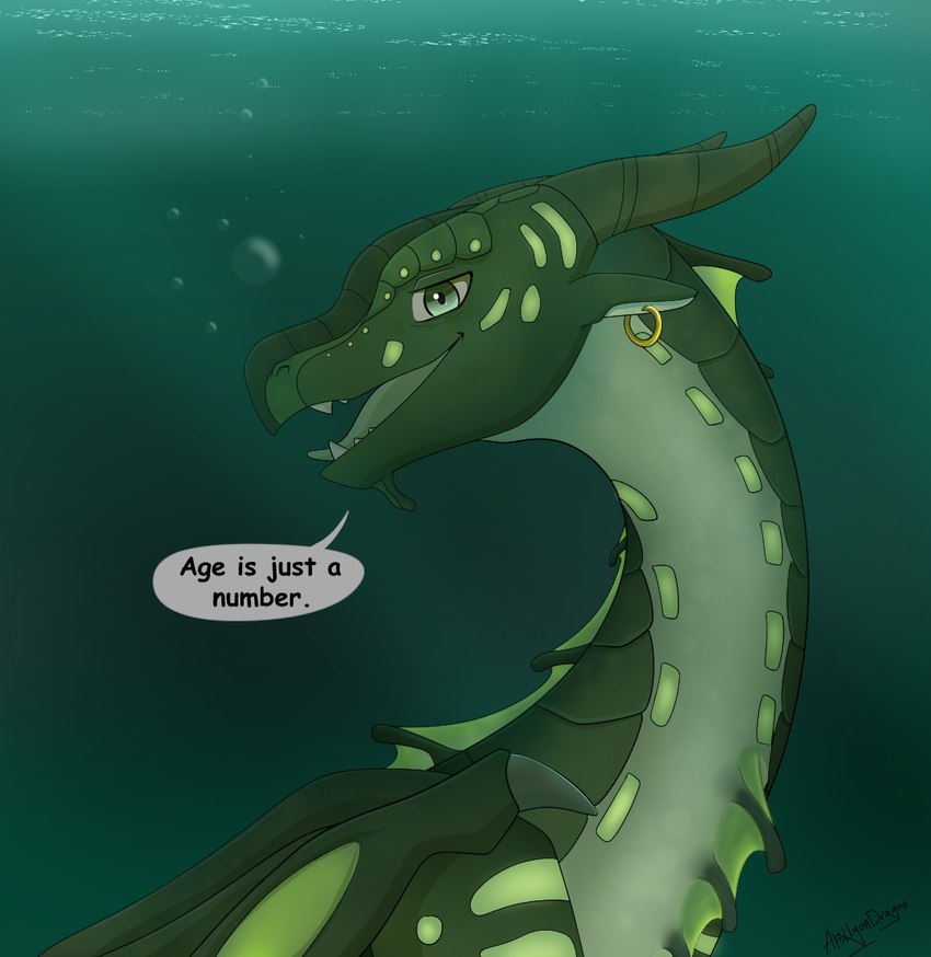 bubble dialogue ear_piercing feral green_body horn male piercing solo teeth text tongue underwater water wings apollyondragon mythology wings_of_fire whirlpool_(wof) dragon mythological_creature mythological_scalie scalie seawing_(wof) 2023 digital_drawing_(artwork) digital_media_(artwork) signature