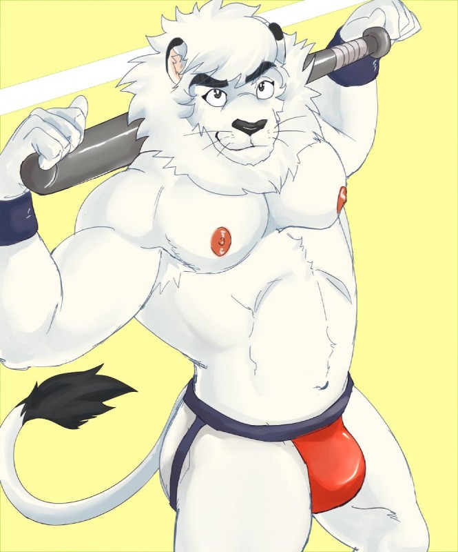 anthro armpit_hair biceps body_hair bulge butt clothing fur hair jockstrap looking_at_viewer male mane mascot muscular muscular_anthro muscular_male nipples pecs simple_background smile solo underwear whiskers white_body white_fur white_hair beastsauc3 nippon_professional_baseball saitama_seibu_lions leo_(saitama_seibu_lions) felid lion mammal pantherine 2019 hi_res