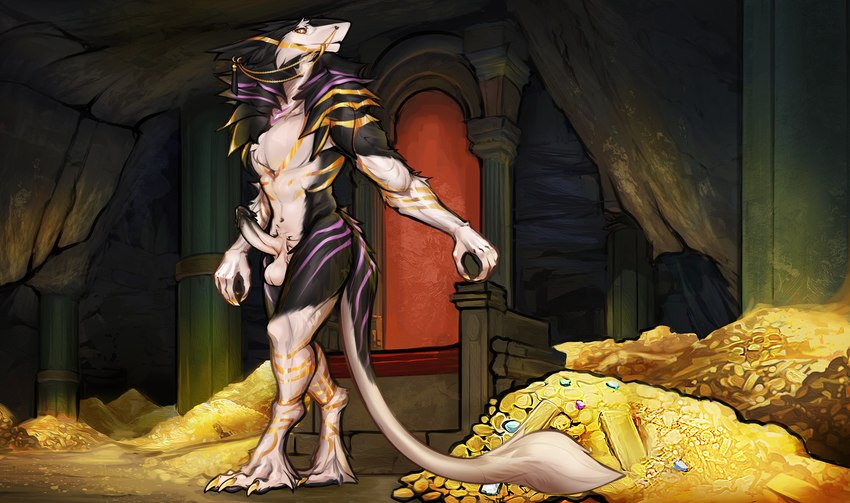 anthro balls cave chair claws coin fluffy fur furniture genitals gold_(metal) gold_bar gold_coin gold_markings jewelry male markings paws penis solo standing tail throne treasure_hoard allanthesergal52_(artist) kaikyo sergal hi_res