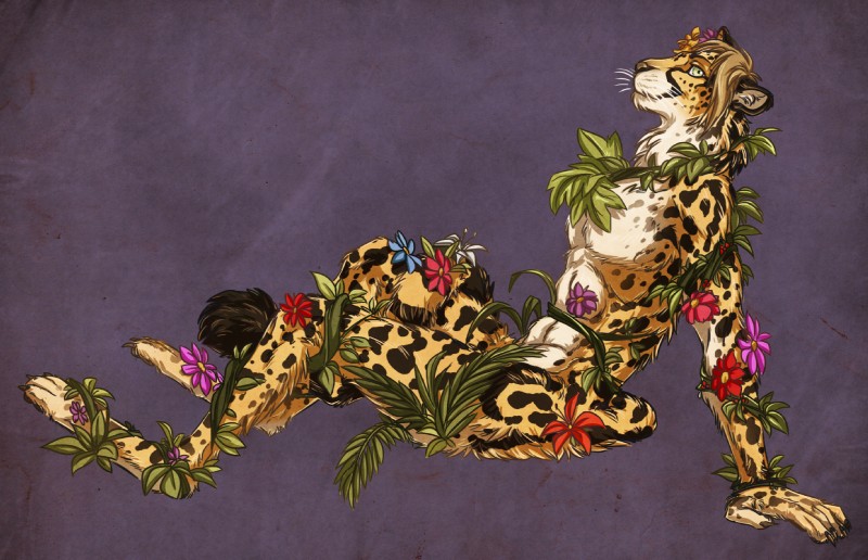 abstract_background anthro biped blonde_hair brown_spots fern flower fur green_eyes hair leaf looking_at_viewer male nude plant reclining side_view simple_background sitting solo spots textured_background vines yellow_body yellow_fur blackpassion777 kouros cheetah felid feline mammal hi_res