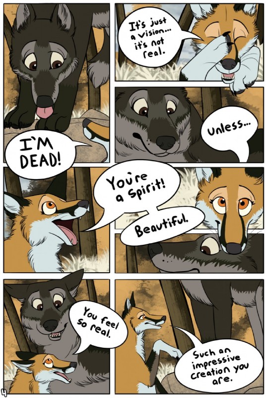 ambiguous_gender dialogue duo feral fur text tailshigh aandeg little-nose canid canine canis fox mammal wolf comic digital_media_(artwork) english_text hi_res