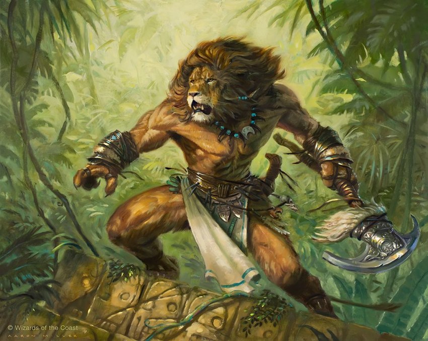 action_pose anthro armor axe belt biped bottomwear chest_tuft clothing copyright_symbol fangs forest holding_axe holding_object holding_weapon jewelry jungle leaf loincloth male mane muscular muscular_male necklace orange_body pelvic_curtain plant pose ruin solo standing symbol teeth tree tuft vines weapon aaron_miller hasbro magic:_the_gathering wizards_of_the_coast jazal_goldmane felid leonin lion mammal pantherine 2014 official_art signature traditional_media_(artwork)