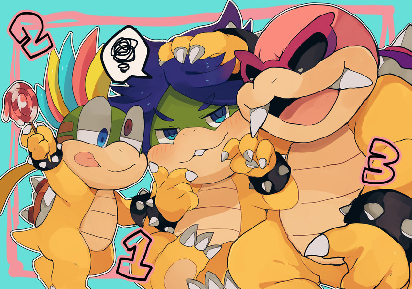 anthro bald blue_hair blush bracelet buckteeth candy dessert eyewear food group hair heterochromia jewelry lollipop male multicolored_hair spiked_bracelet spikes sunglasses teeth tongue zeso mario_bros nintendo koopaling lemmy_koopa ludwig_von_koopa roy_koopa koopa scalie absurd_res hi_res