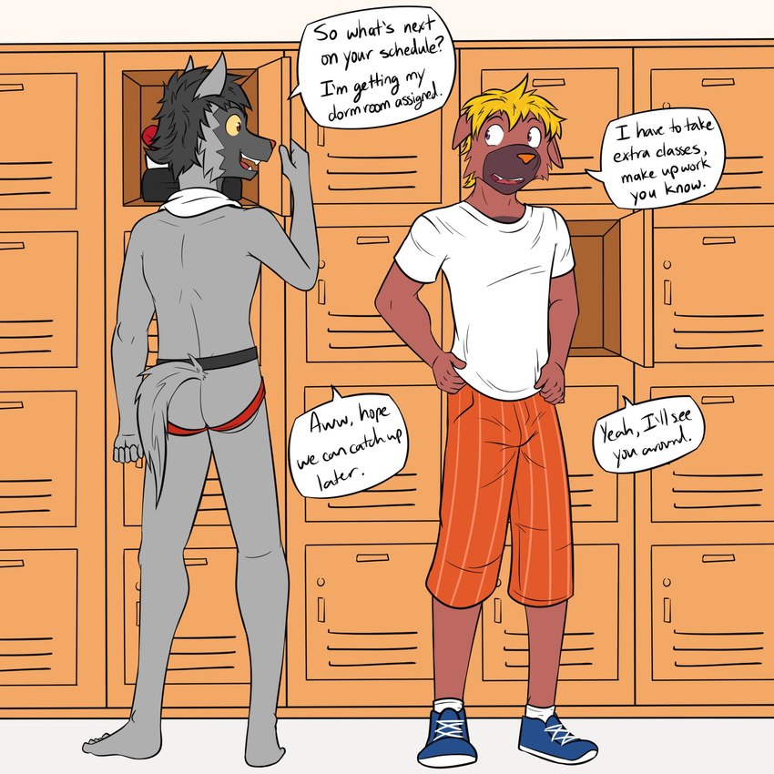 anthro anthrofied barefoot bottomwear butt clothed clothing dialogue dressing duo feet footwear jockstrap jockstrap_only locker_room looking_at_another male pokemorph shirt shoes shorts socks standing t-shirt text topless topwear towel towel_around_neck underwear underwear_only fuze nintendo pokemon jawk_(fuze) pawl_(fuze) generation_3_pokemon generation_9_pokemon maschiff pokemon_(species) poochyena 1:1 english_text hi_res